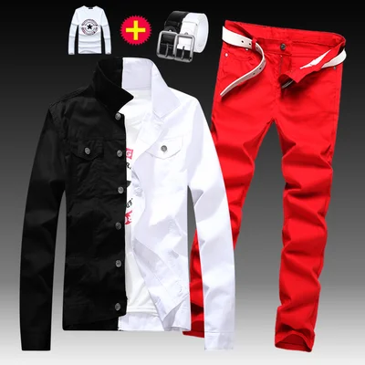 Модная мужская Облегающая джинсовая куртка с эффектом потертости длинные брюки