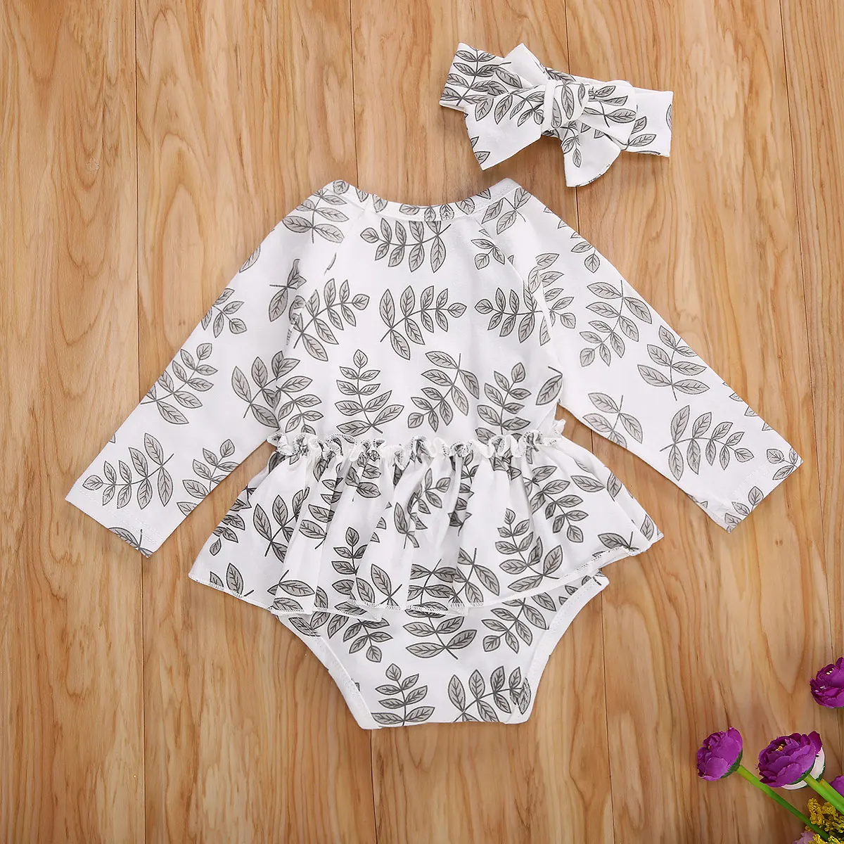 

Infant Girl 0-18M Long Sleeve Romper+Hairband Leaf Print Classic Round Neck High Elastic Spring Clothing