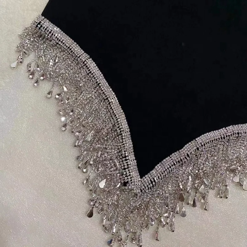 

European and American sleeveless women's dress short slim slimming irregular hem rhinestone chain base dress ladies dress