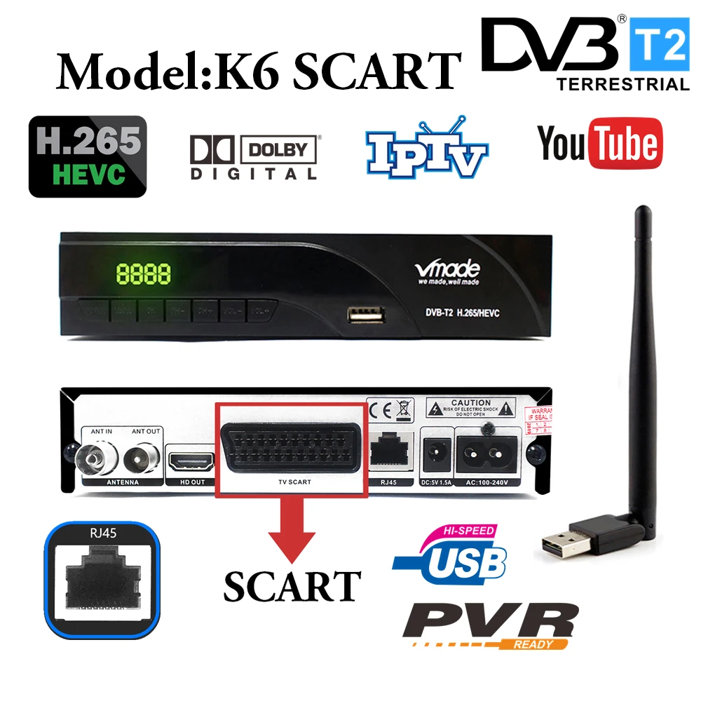Цифровой ТВ приставка Vmade K6 Scart Port DVB T2 H.265 HEVC спутниковый приемник тюнер Поддержка