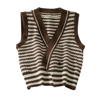 sweater vest womens autumn 2021 irregular stripes two button sweater vest short sleeved all match v neck vest sweater top