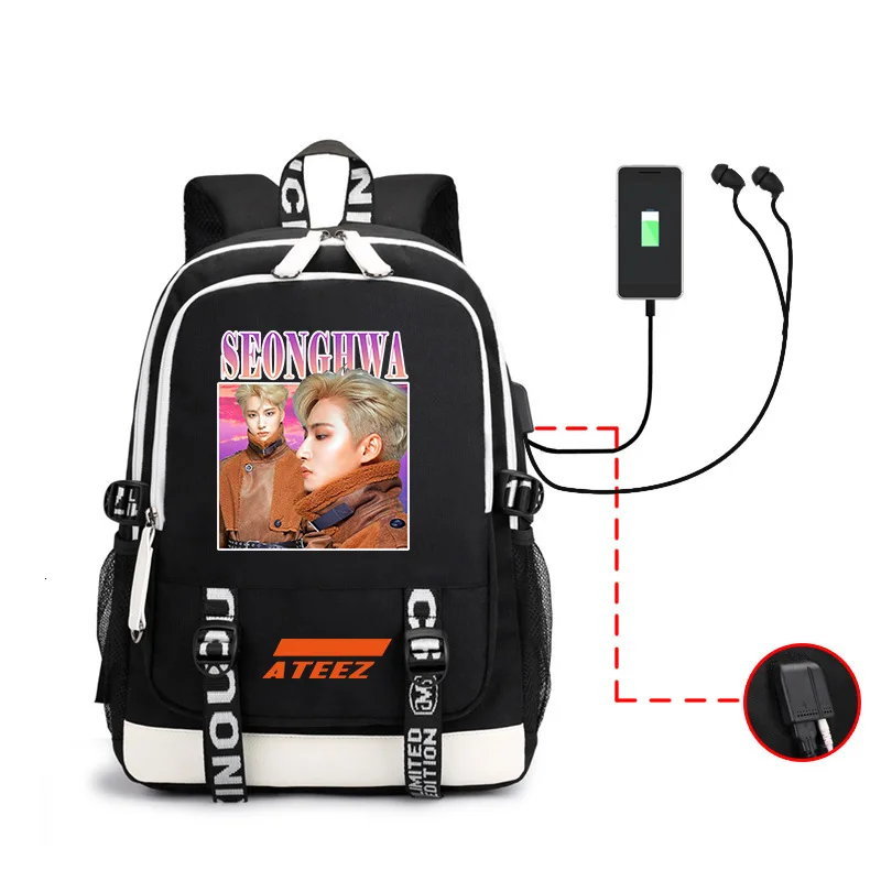 Kpop Ateez рюкзак периферийная сумка мужская и женская сумка на оба плеча Usb гарнитура линия компьютерная упаковка