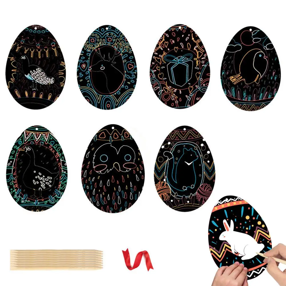 

Easter Crafts Kit montessori Educational toys Easter Scratch Off Cards with Wooden Stick Colorful Scratch Painted Egg For kids