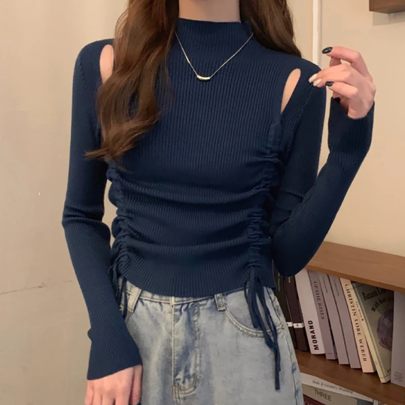 

Свитеры вязаные весенние новые женские с длинным рукавом с ложным воротником Тонкая Повседневная трикотажная одежда женский однотонный пу...