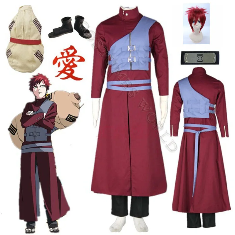 2022 Anime cosplay Haruto Shippuden Gaara Cosplay Costume Red Coat Tailor Made Blue vest Halloween costumes Shippuden Gaara Wig