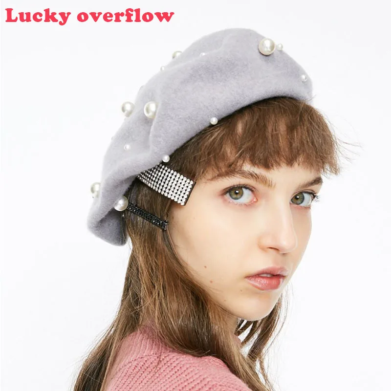 Шерстяной женский зимний Роскошный Жемчужный винтажный кашемировый берет с