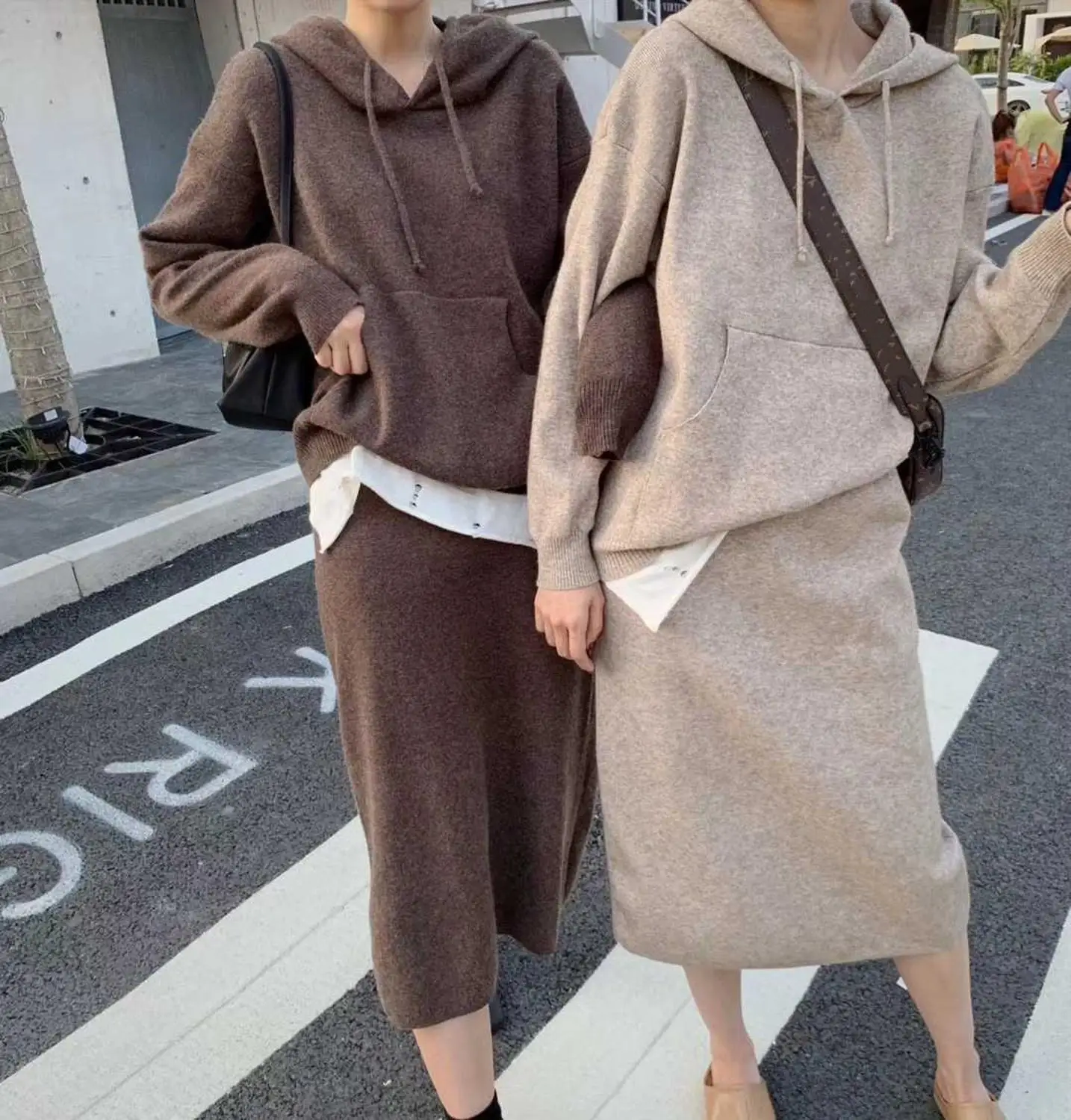

Autumn Winter Two Piece Set Casual Chic Hooded Knitted Sweater Tops And High WaistSkirt Two-Piece Women Tracksuit