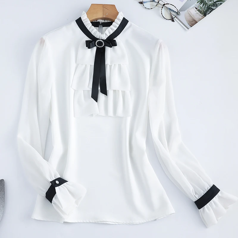 Женские рубашки с оборками Lenshin блузка высокого качества расклешенным рукавом и