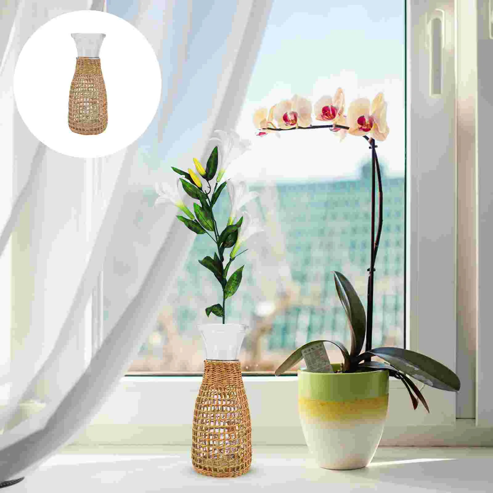 

1pc Straw Woven Glass Vase Creative Desktop Vase Flower Arrangement Container