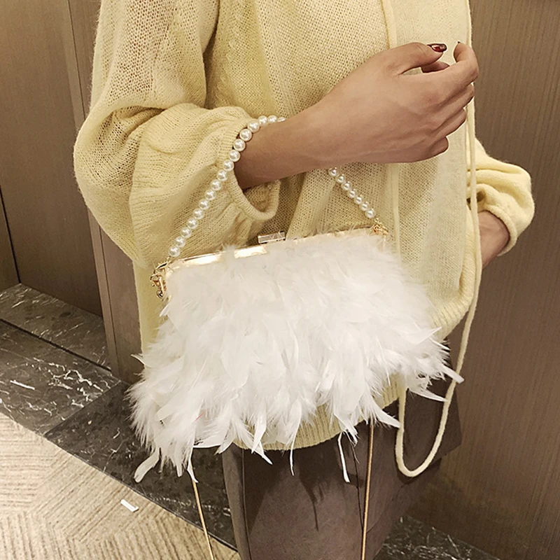 

White Feather Handbag Women's Evening Clutch Bag Exquisite Pearl Chain Wedding Bridal Shoulder Bag Party Banquet Tote ZD1542