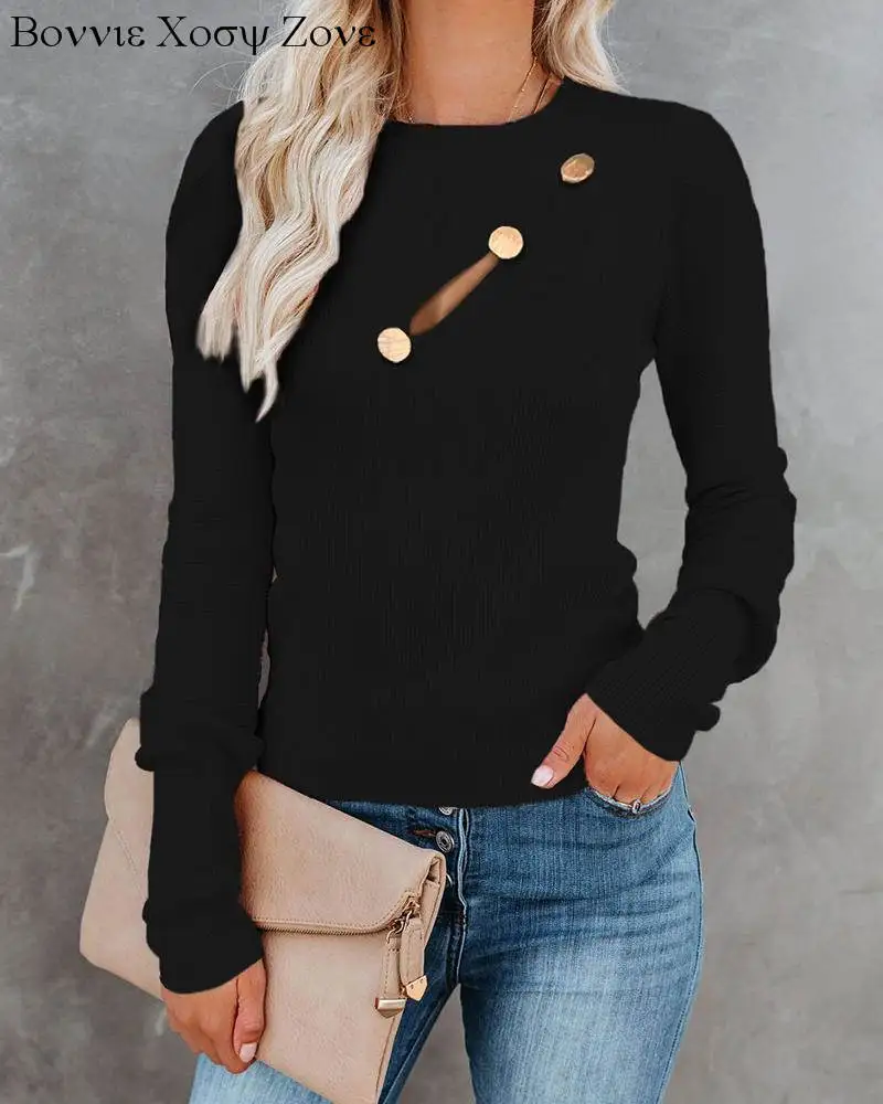 Women Rib-knit Round Neck Button Decor Cutout Long Sleeve Top