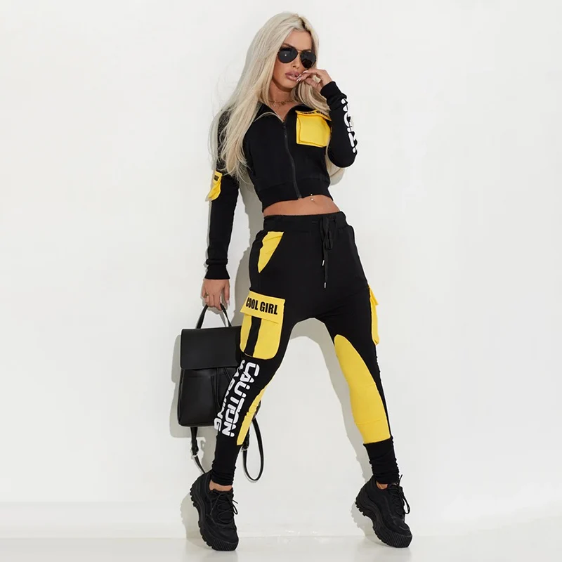 

Oshoplive Patchwork Pockets Zipper Jackets&Pants Stylish Suits Casual Drawstring Sweatpants Letter Print Sports Suit For Women
