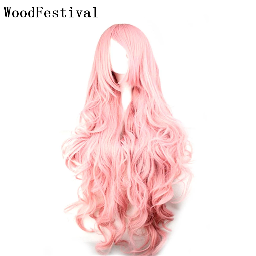 WoodFestival Synthetic Hair 100 cm Pink Wavy Wig With Bangs Female Cosplay Wigs For Women Long Yellow Purple Halloween Party
