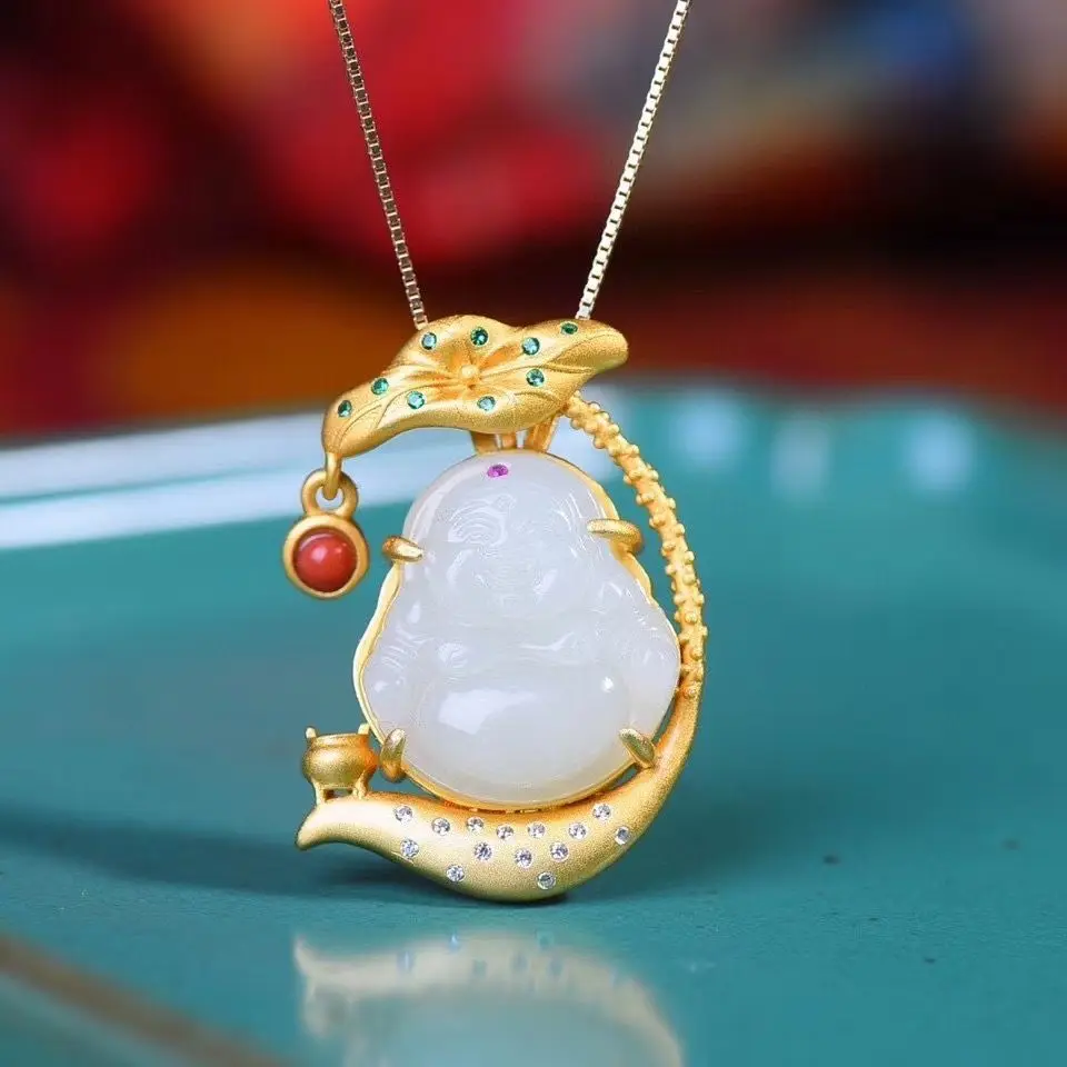 

HML& natural Hetian white jade stone lotus Pendant Necklace Chinese style retro elegant light luxury charm women's jewelry