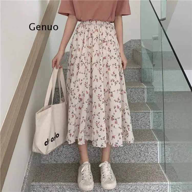 

Summer Skirt Women High Waist Fashion Retro Beach Printed Chiffon Skirt Female Elegant Beach Bohemia Skirt New