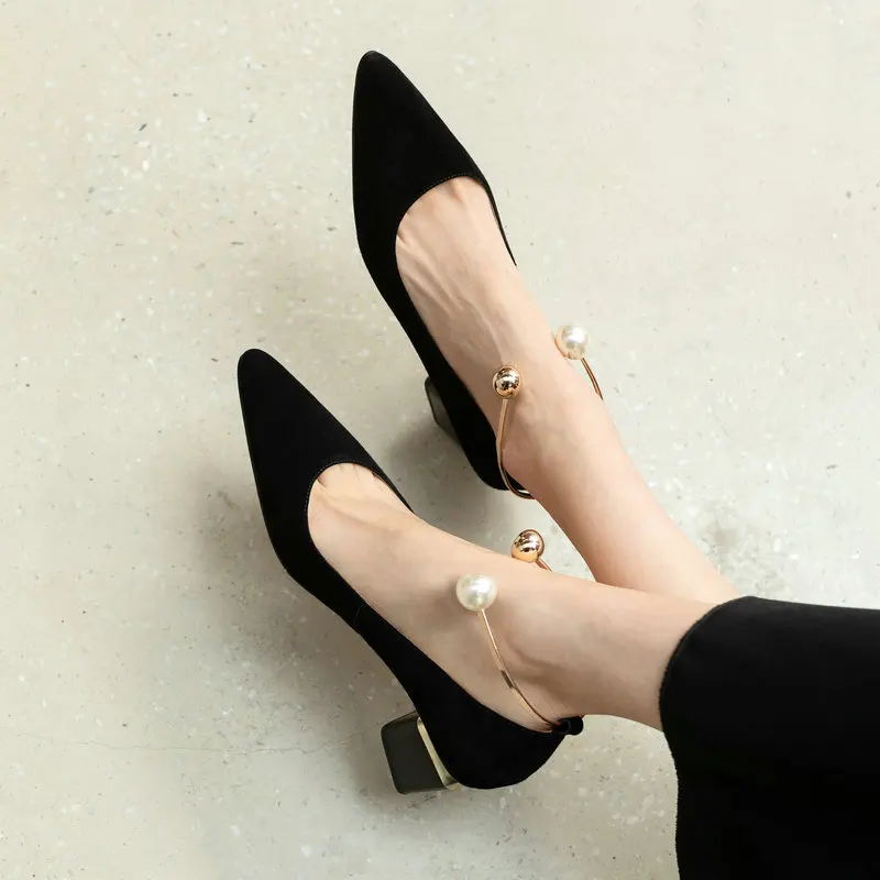 

Elegant Wedding Shoes for Women Metal Decoration Kid Suede Leather High Heels Pumps Heels 2021 Summer Autumn Shoes Woman