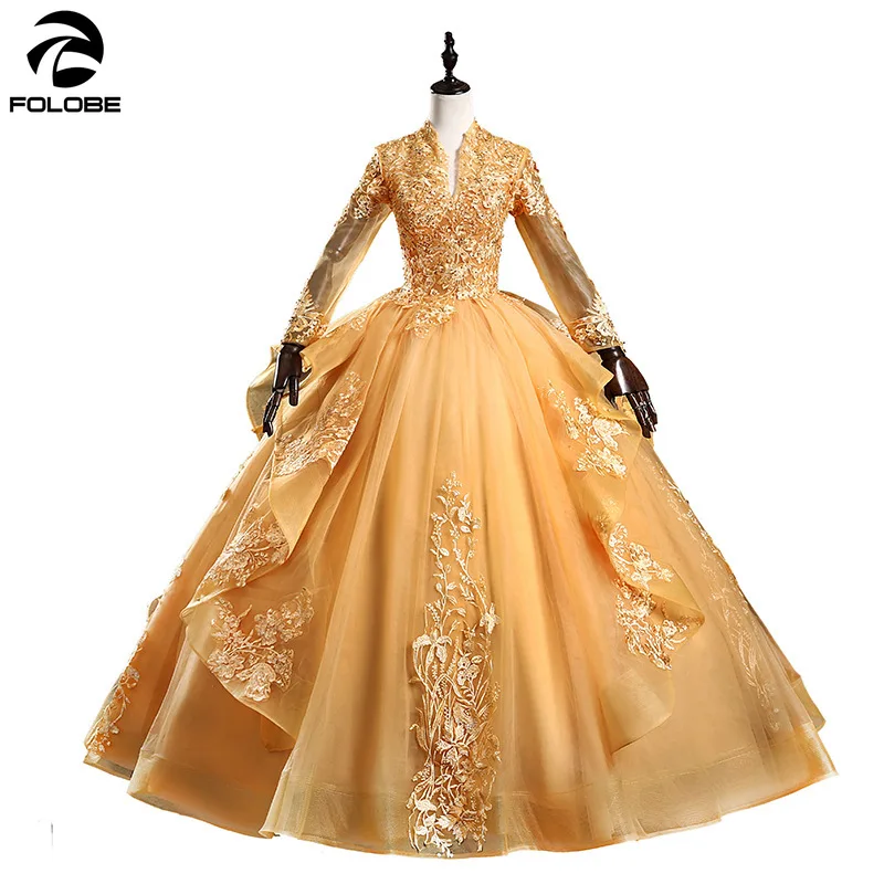 Золотистое Розовое Бальное платье платья для Quinceanera с длинным рукавом женское
