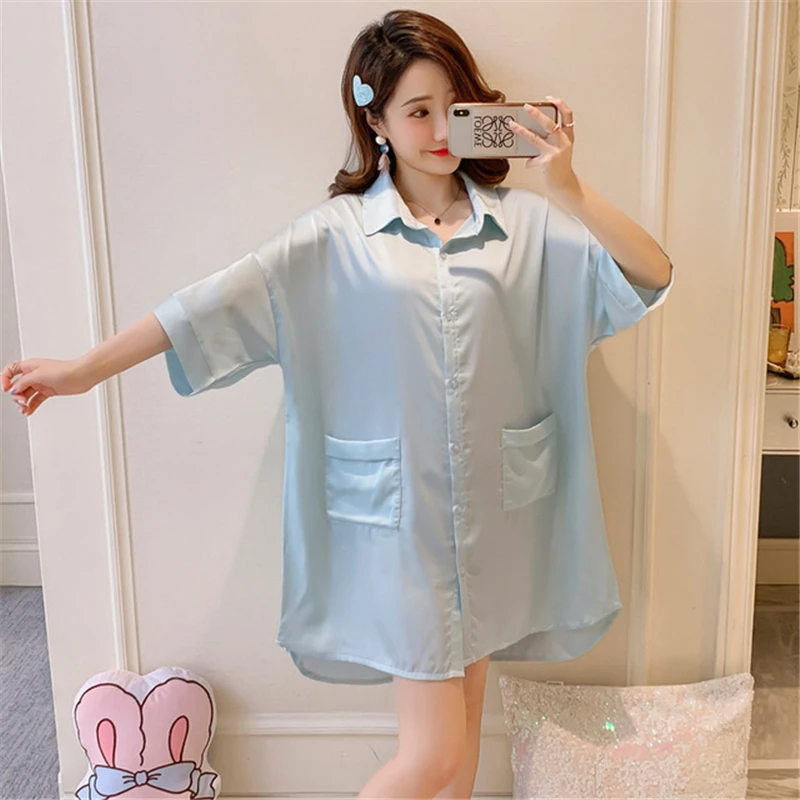 

Nightdress female summer sexy nightware short-sleeved loose XL cardigan fat MM home service blue white ночная рубашка 2020