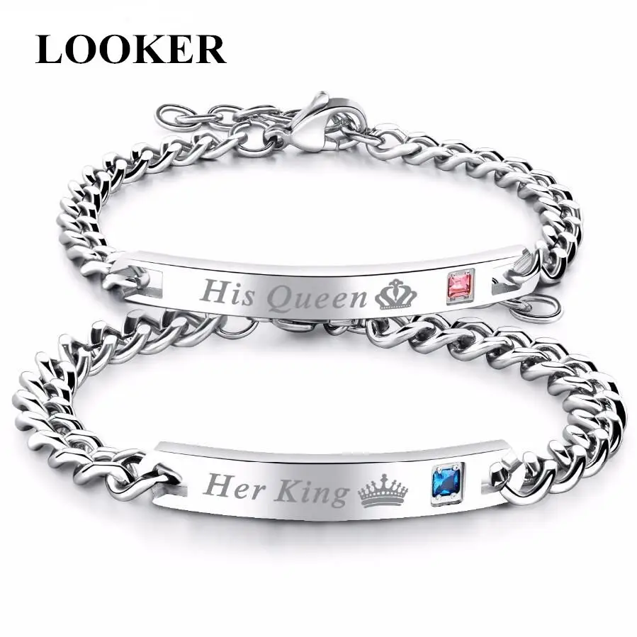 Прямая поставка браслеты из нержавеющей стали с надписью Her King His Queen Crytal
