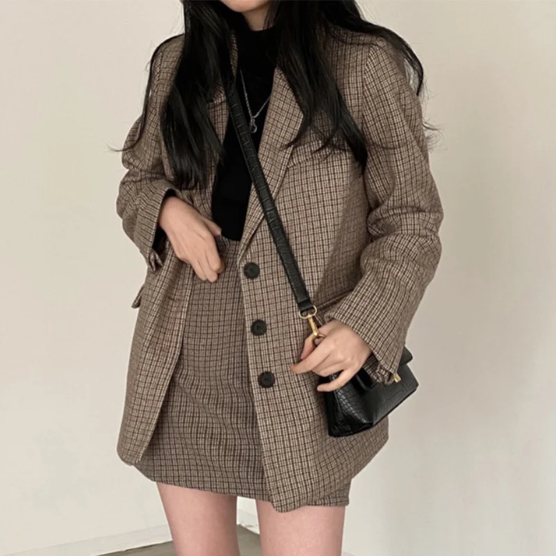 

Overcoat Women Sets Korean Chic Plaid Suit Collar Three Button Long Sleeve Suit Coat + High Waist A-shaped Bag Hip Skirt Female