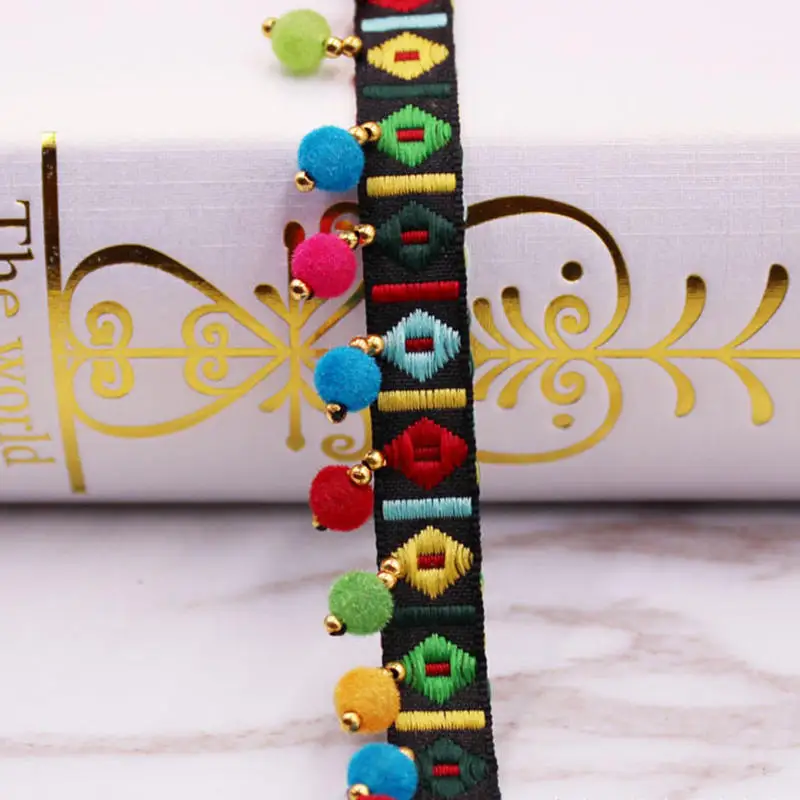 0 9 м 1 шт. Этническая плетеная кружевная отделка ткань с лента помпонами домашний