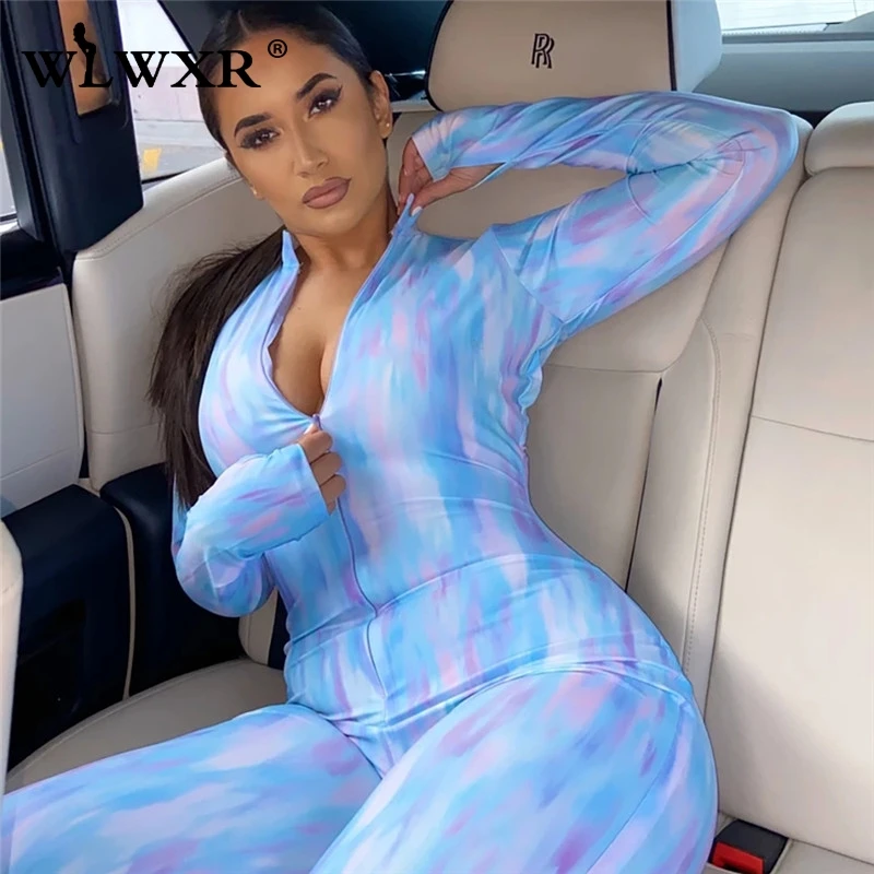 WLWXR Tie-dyed Print Zipper Ladies Long Sexy Bodycon Jumpsuit Women Sleeve Skinny Summer Rompers Womens Female | Женская одежда