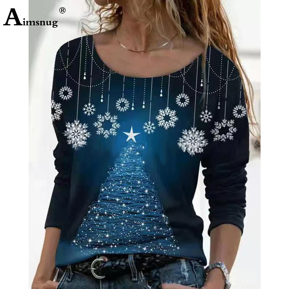 Plus Size Ladies Elegant Festival Christmas 3D Print Long Shirt Women's Top Bohemian 2021 Autumn O-neck Tees Clothing Femme 3XL