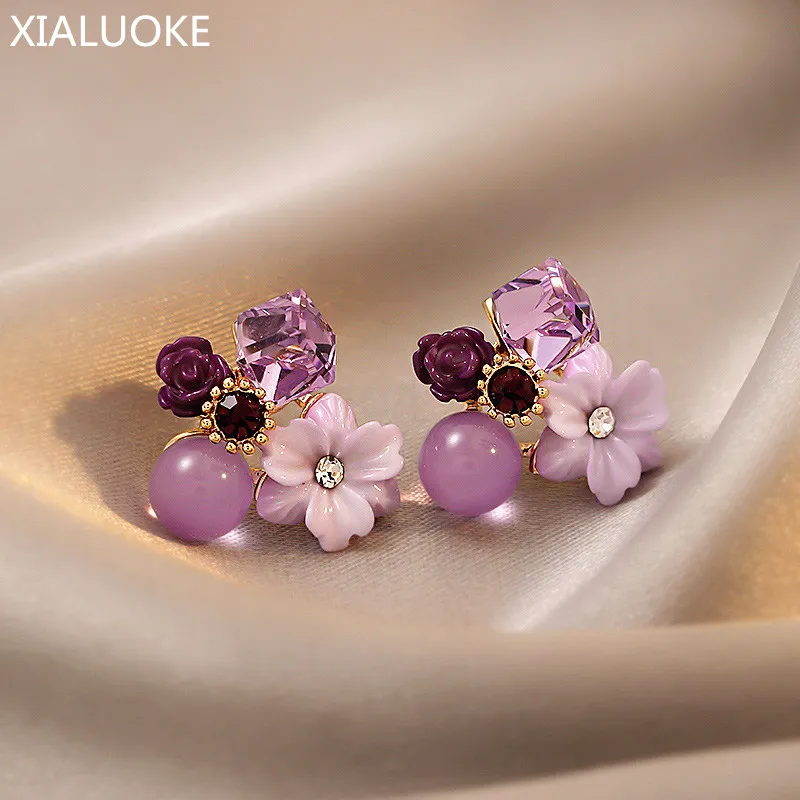 

XIALUOKE S925 Needle Fashion Purple Flower Crystal Stud Earrings For Women Cute Romantic Petals Purple Earrings Wedding Jewelry