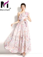 summer floral print boho chiffon maxi dress 2022 runway designer ruffled one shoulder bow sashes holiday party dresses m668661