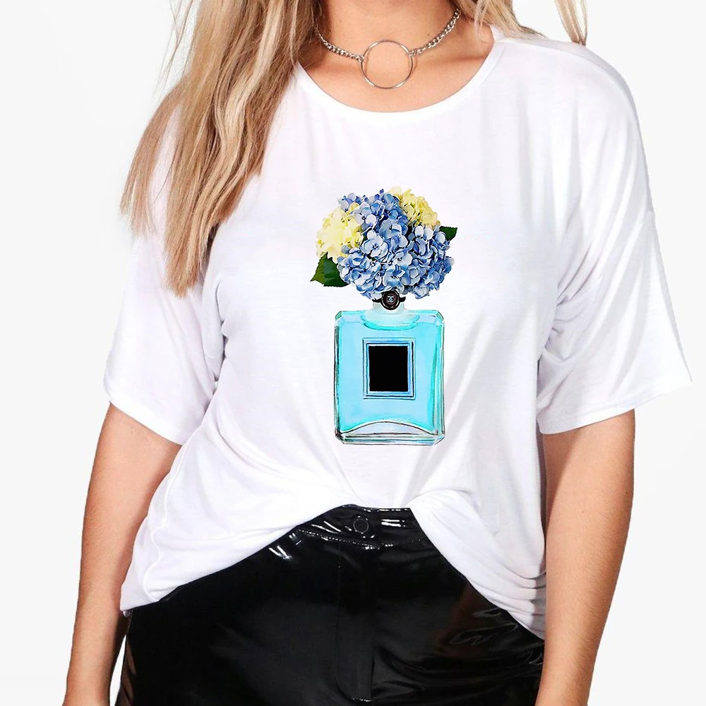 

2021 T-shirt Women Flower Blue Perfume Bottle Sweet Printed Short Sleeve Harajuku Creative Tshirt Oversize Fashion Clothes