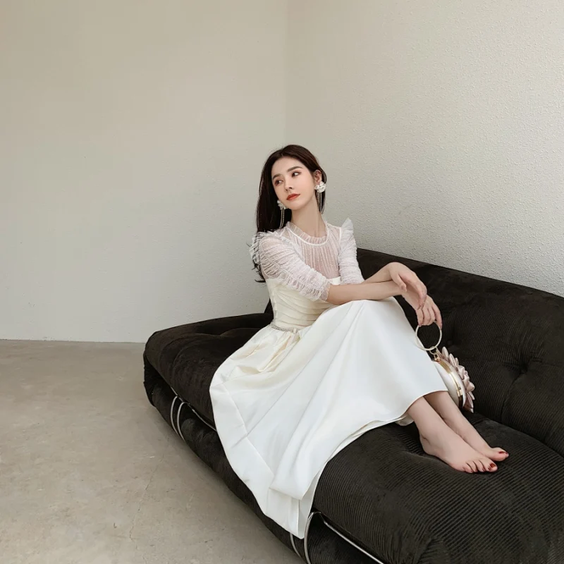 

2021 Spring and Summer Dress New French Vintage Style Stand Collar High-Waist Dress Fairy Mesh Slimming Elegant Dress New