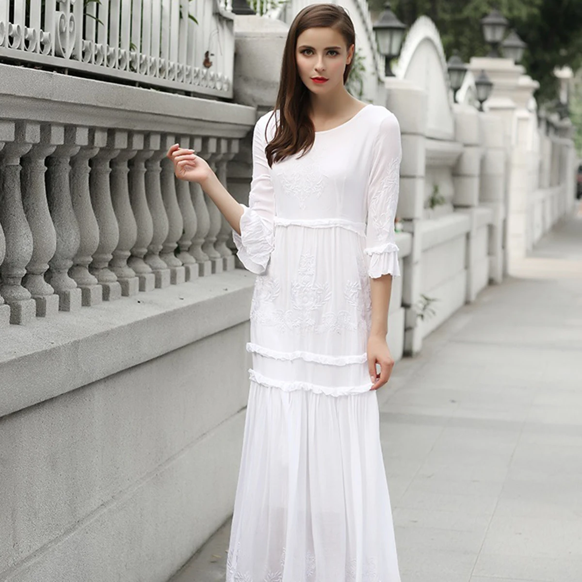 Boho, красное, белое, с вышивкой, макси платье, для женщин, осень, лето, с оборками, элегантные платья,, для девушек, одноцветное, хиппи, Пляжное, длинное платье