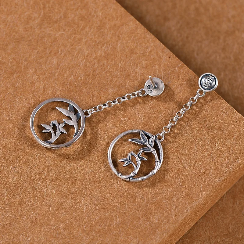 

925 Sterling Silver Bamboo Leaf Tassel Earrings Female Artistic Temperament Silver Earrings Lady Vintage Fine Jewelry Gift