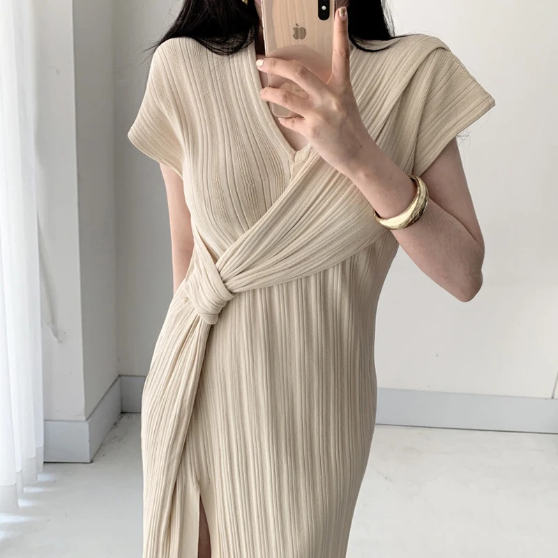 

Korean Chic Elegant V-neck Split Solid Color Woman Dress Midi Long Vestidos Short Sleeve Knitting Dresses YOU589