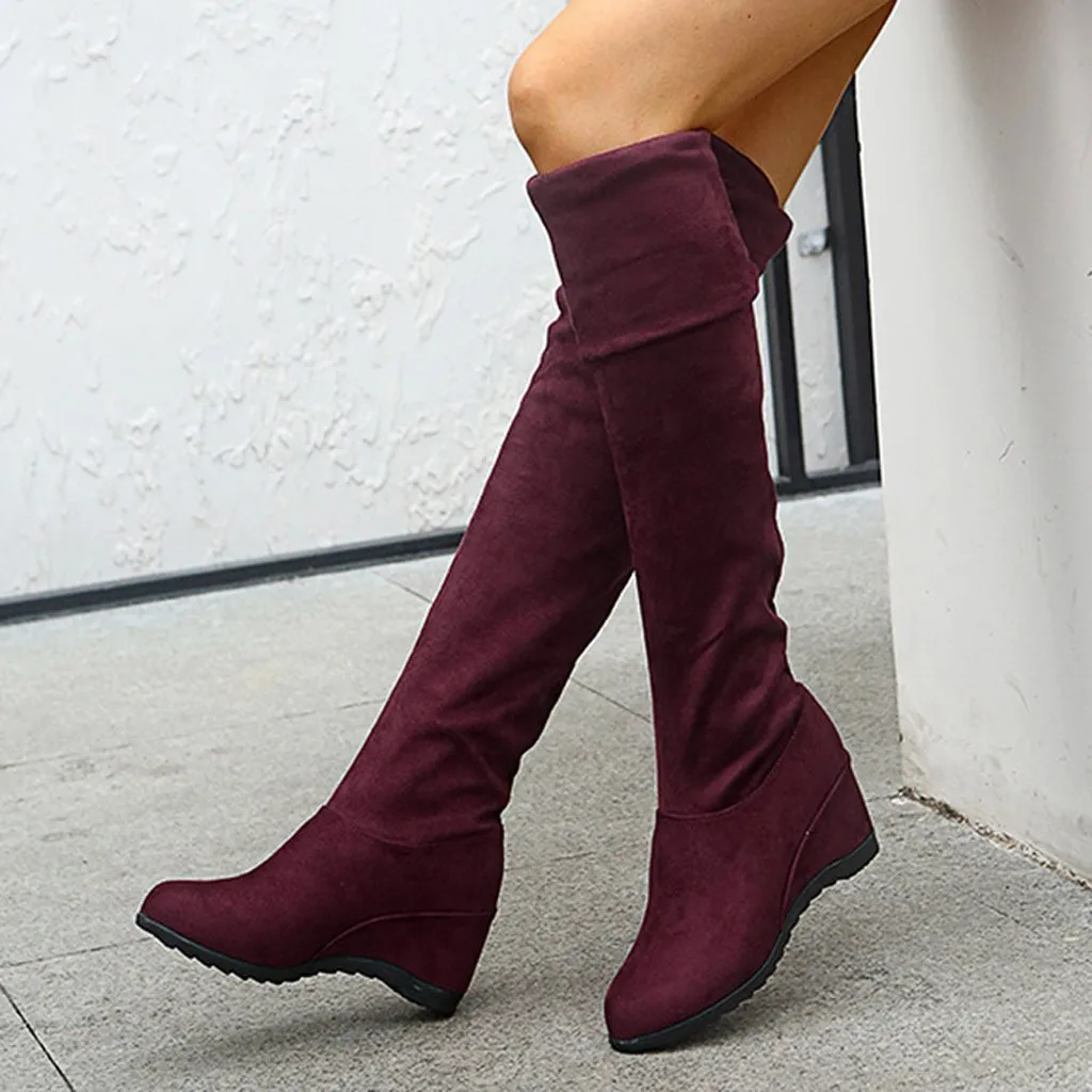 Женские эластичные сапоги выше колена на танкетке Студенческая обувь большого