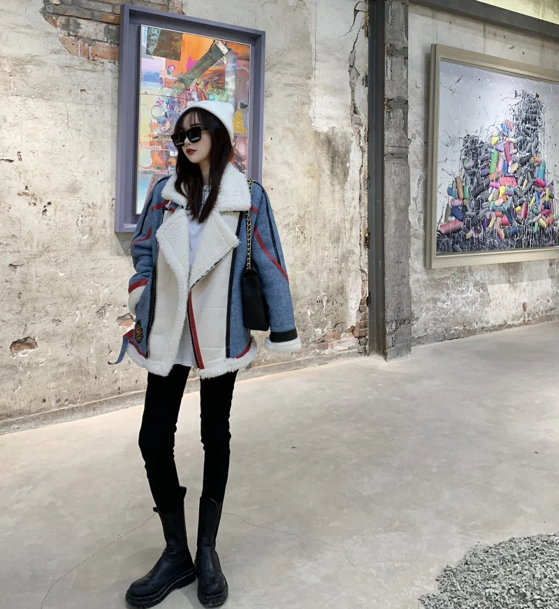 

Coat Women'S Trend High Street Wool Coat Motorcycle Women'S Clothing Winter New Korean Style Denim Stitching Lamb Thicken