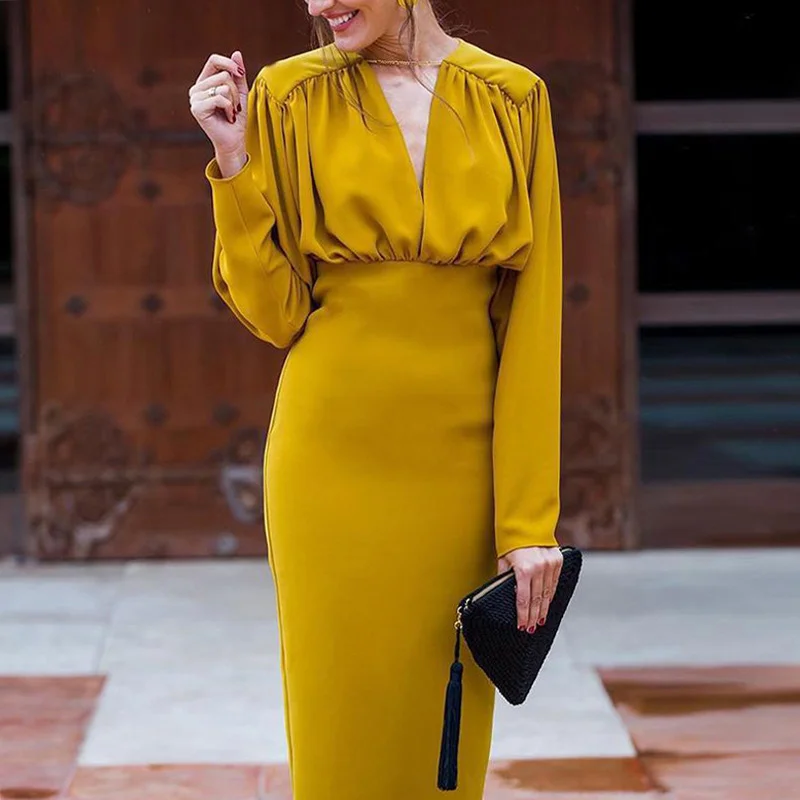 

Women Elegant V Neck Autumn Bodycon Dresses Batwing Sleeve Office Lady Dress Party High Waist Slim Retro Female Dresses Casual