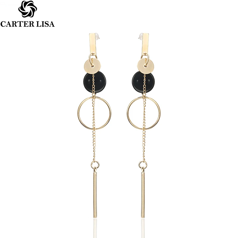 CARTER LISA красивые корейские черные серьги капли модные круглые с длинной кисточкой