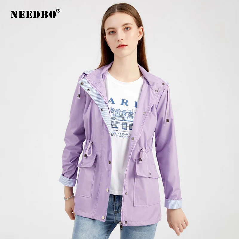 

NEEDBO Hooded Windbreaker Jacket Zip Pockets Coats Autumn Women Clothes Long Sleeves Outwear Women Waterproof Overcoats 2021