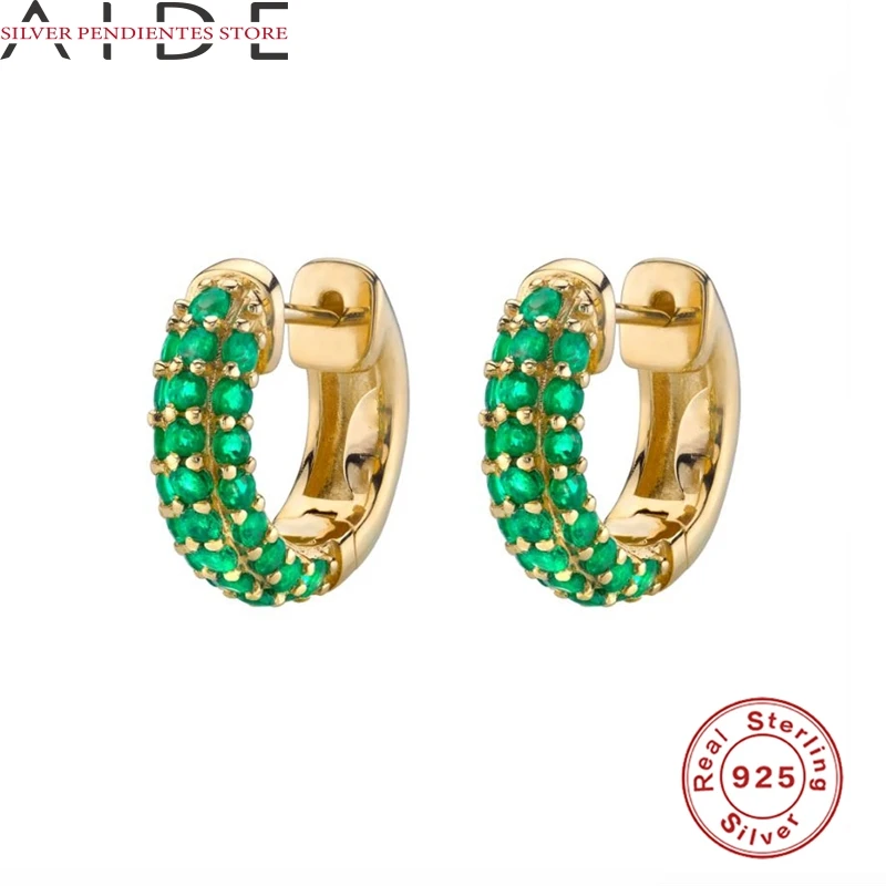 

AIDE S925 Sterling Silver Earrings For Women Round Green Blue Rose Red Zircon Hoops Earrings Fine Jewelry Pendientes Mujer