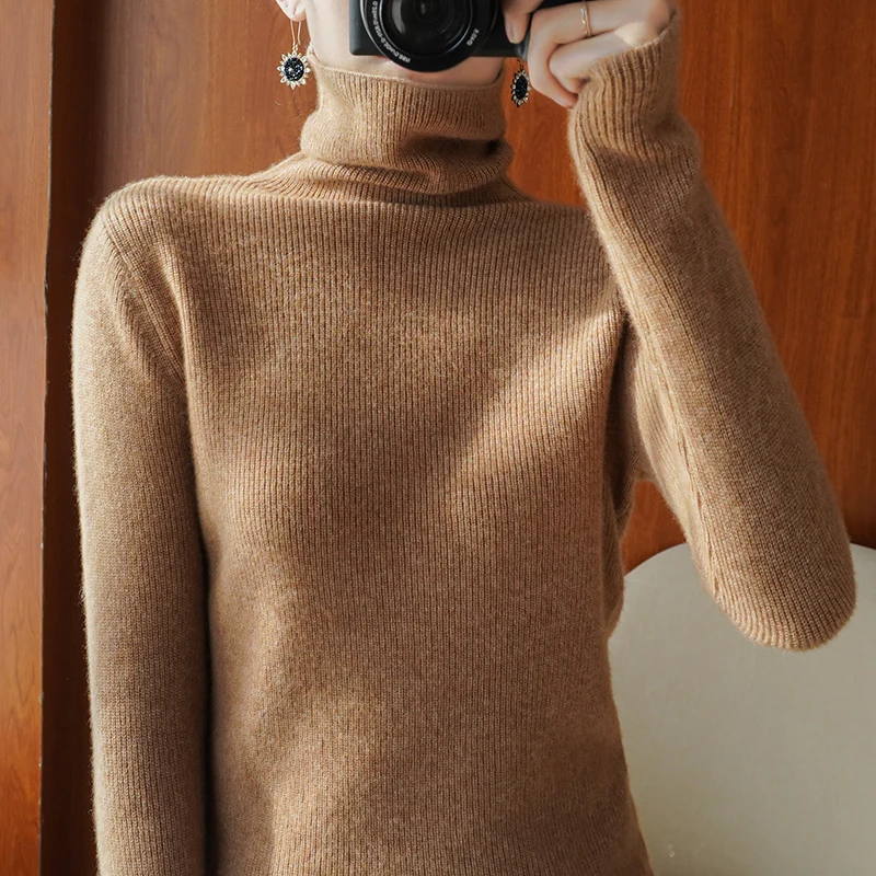 

Hot sale high neck cashmere sweater solid color ladies knit long sleeve slim sexy 100% wool sweater regular pullover winter