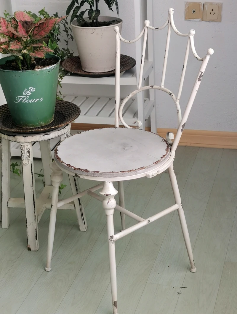 

handicraft retro round wooden white stool with metal back