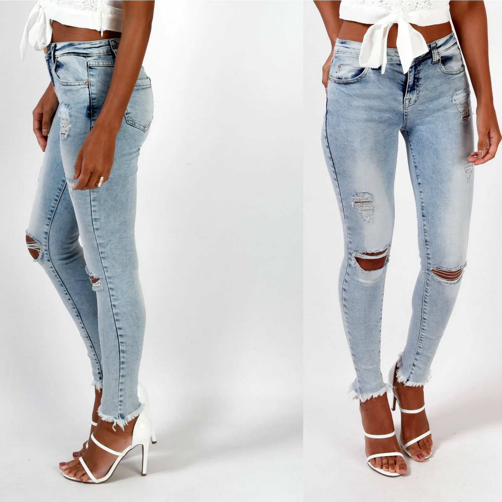 Ripped Knee Hole Slim Pencil Jeans Stretch Women Combinaison Pantalon Burr Denim Pants Woman Calsas Feminina | Женская одежда