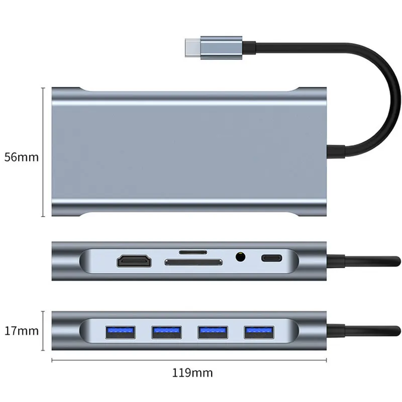 

USB Type C Hub to HDMI-Compatible VGA RJ45 Lan Ethernet 100M SD TF Hub 3.0/2.0 Jack 3.5MM Audio for MacBook Pro/Air M1