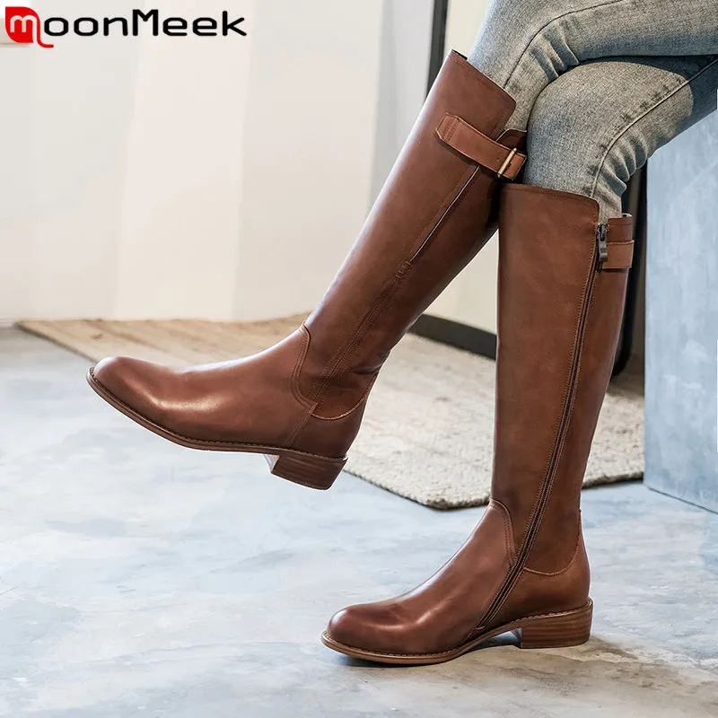 

MoonMeek 2020 new knee high boots women round toe zip pu+cow leather boots med heels autumn winter boots big size 34-43