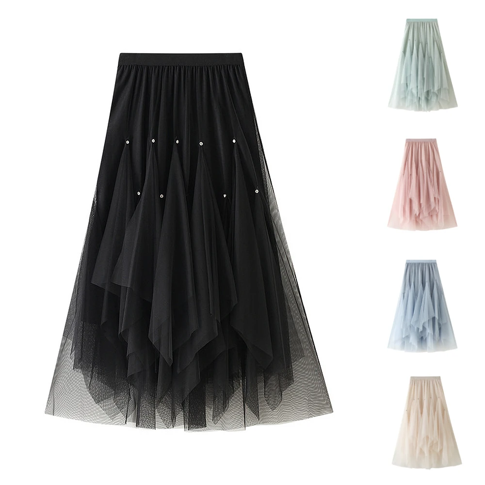 

Весна-осень, модная трендовая Женская винтажная ассиметричная Тюлевая юбка А-силуэта средней длины для девушек и студенток, Женская газова...