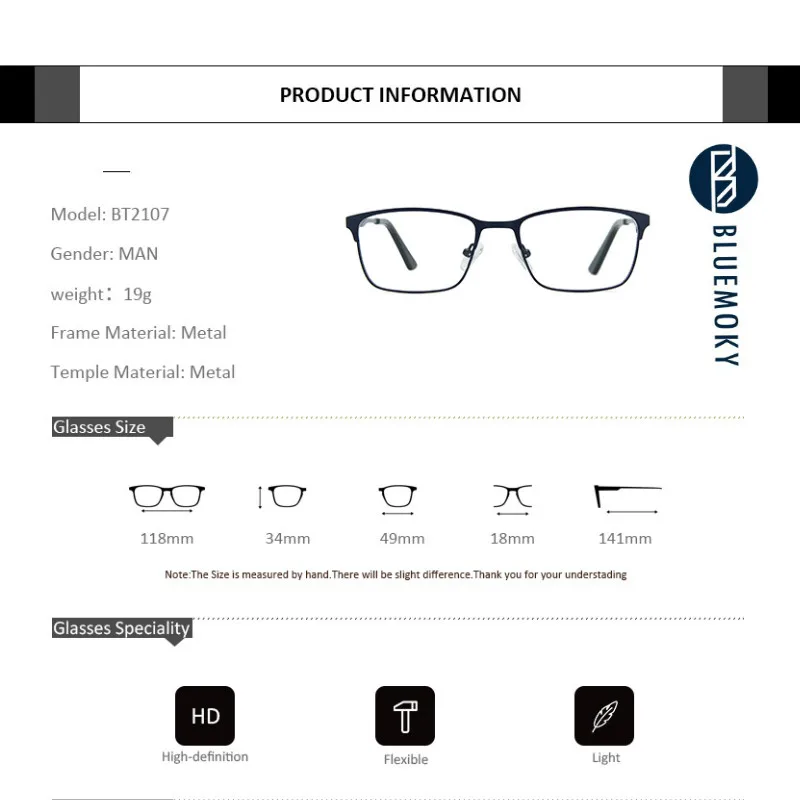 

BLUEMOKY Men Alloy Eye Glasses Frames Male Business Style Square Metal Eyewear Ultralight Optical Myopia Prescription Eyeglasses