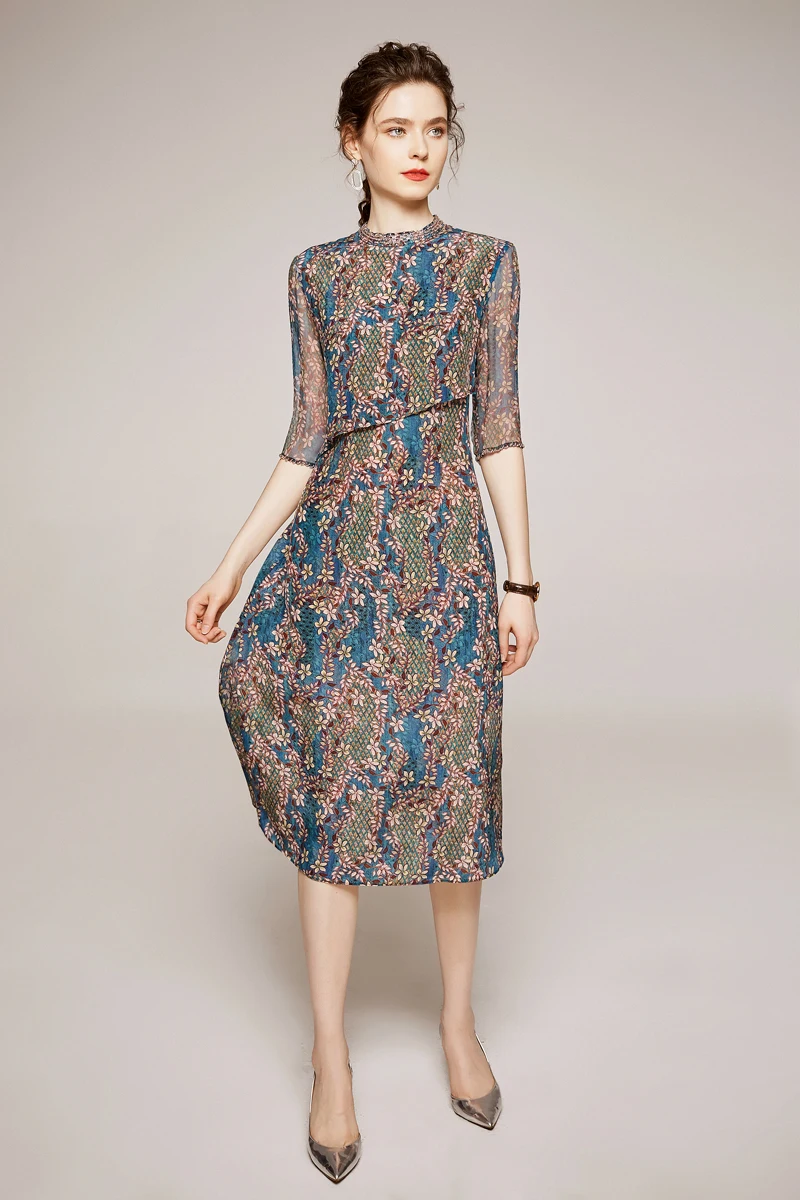 Женские модельные платья из 100% шелка модные летние с круглым вырезом и рукавом 3/4