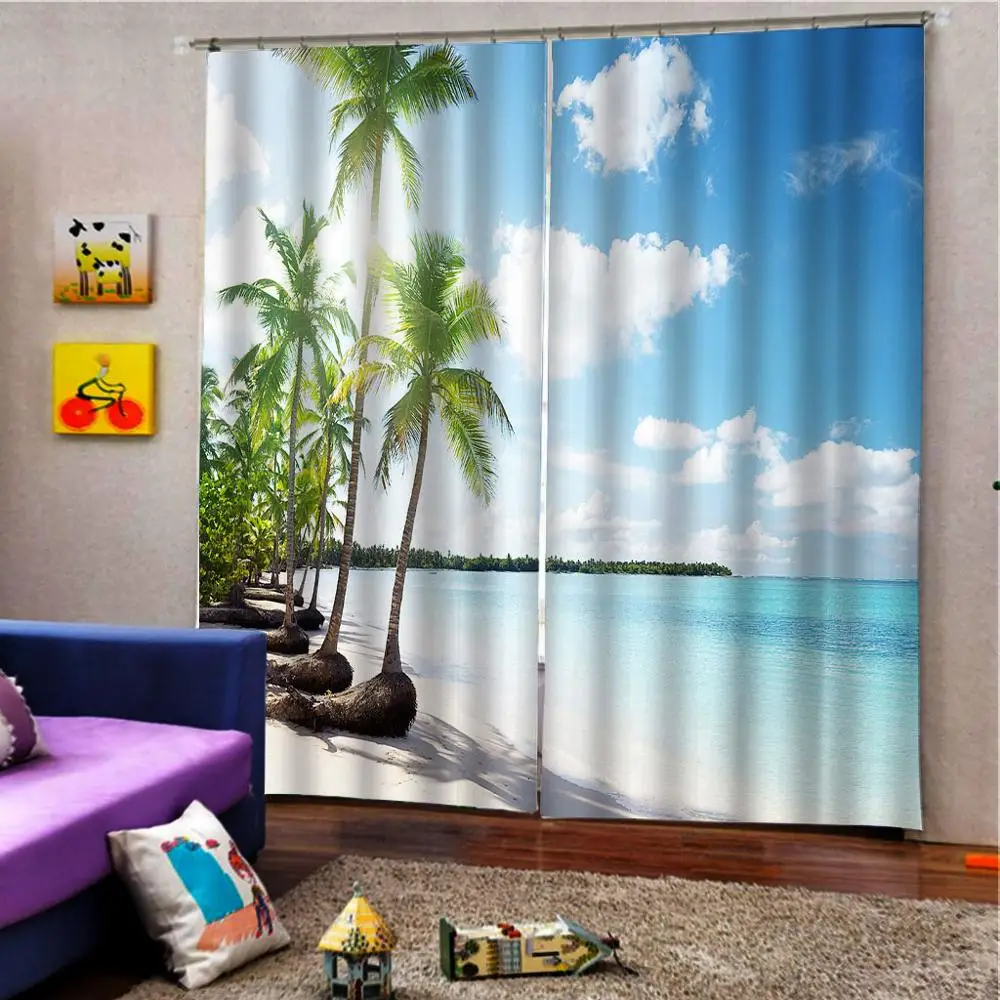 Blue Sea Landscape Beach Coconut Tree Curtain Digital Print For Living room Bedroom Window Drapes Indoor Decor 2 Panels Hooks | Дом и сад