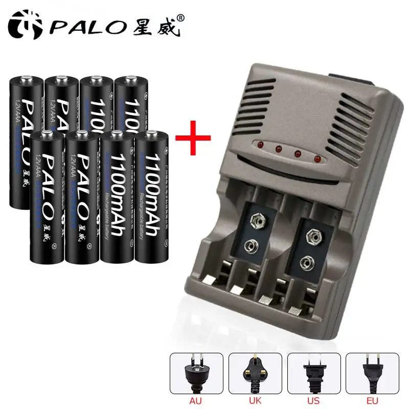 PALO светодиодный светильник умное зарядное устройство для Ni-MH NI-CD AA/AAA/li-ion 9V 6F22 аккумуляторные батареи+ 8 шт. AAA 1100mAh заряжаемая батарея